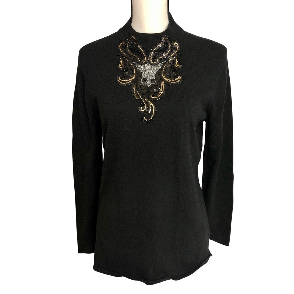 Striking Black Mock Turtleneck Sweater w Sequin Detailed‎ Keyhole Size M 90s
